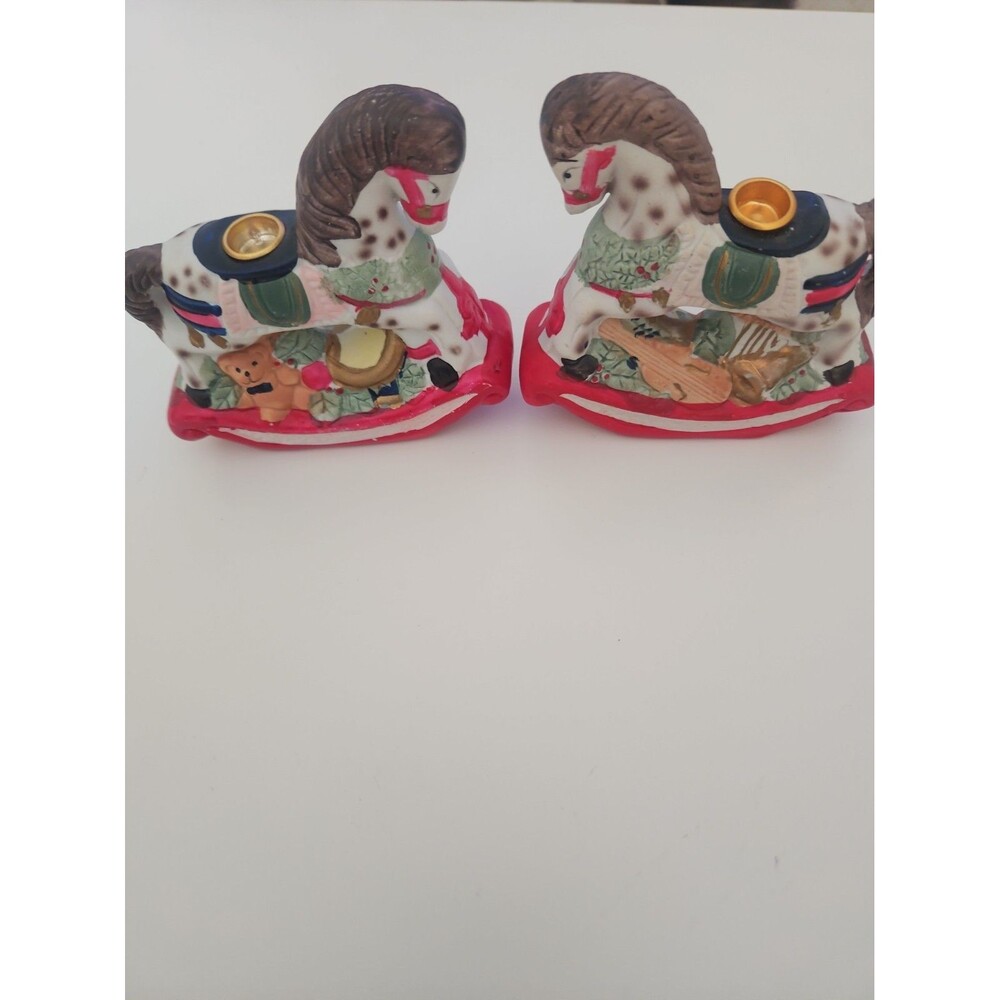 CHRISTMAS Rocking Horse Candle Holders Ceramic Vintage Design Set Of 2